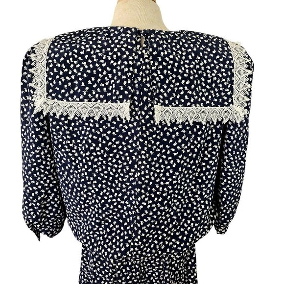 80s Puritan Collar Dress Blouson Drop Waist 3/4 Sleeve Navy White Act II Size 16 - Picture 12 of 12